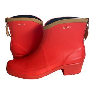 Aigle Miss Juliette Bottillon Red Rubber Rain Boots 10